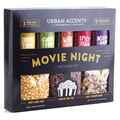 Urban Accents Movie Night Small-Batch Popcorn Gift Set – Includes 3 Gourmet non-GMO Popcorn Kernel Varieties & 5 Flavorful Seasonings – Perfect Snack Gift Box for Parties, Holidays, or Movie Lovers
