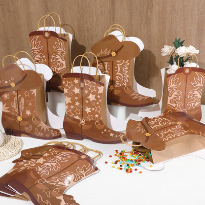 12Pcs Cowboy Boots Paper Bags Western Theme Party Decorations Favors Wild West Kraft Gift Bag with Handles Rodeo Cowgirl Boot Hat Goodie Bag for Cowboy Birthday Bachelorette Baby Shower Party Supplies