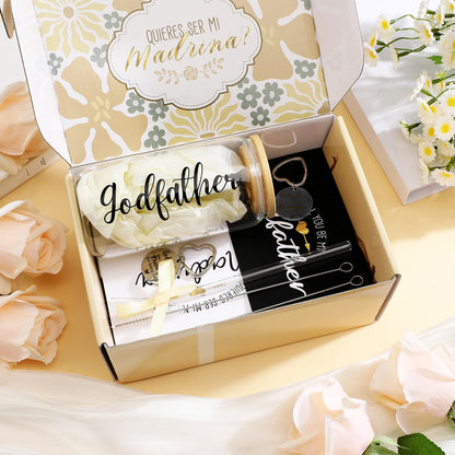 Mimorou 7 Pcs Fathers Day Godparents Proposal Gift Set Will You Be My Godparents from Godchild Godmother Godfather Gift with Glass Cups Keychains Cards Box for Birthday Baptism (Champagne)