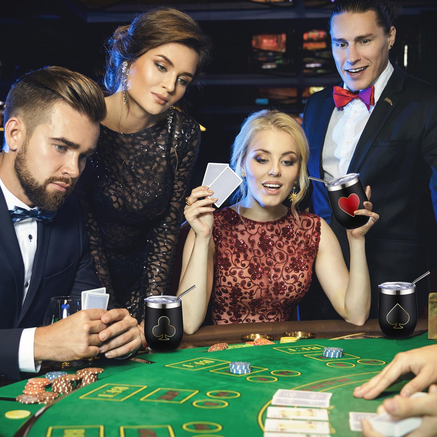 4 Pcs Casino Party Cups Pokers Glasses Stainless Steel Wine Tumblers with Lid and Straw 12 oz Casino Theme Party Decorations Poker Gifts Favors Set for Grad Birthday Game Night(Poker)