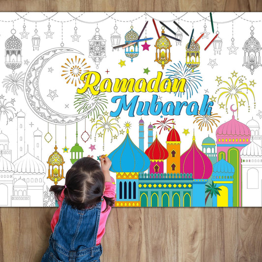 Naozinebi Ramadan Mubarak Coloring Poster for Kids Giant Coloring Poster Large Ramadan Kareem Coloring Tablecloth Jumbo Coloring Books for Kids Classroom Home Birthday Party Supplies Favor