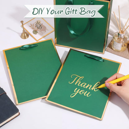 Yeaqee 24 Pack Metallic Paper Gift Bags with Handle and Tissue 9x7x3.1 Gold Foil Welcome Thank You Favor Bags Return Gifts for Wedding Graduation Bridesmaid Groomsmen Birthday(Green Gold)