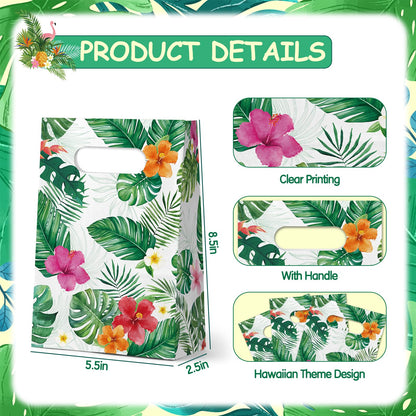 FRIDAY NIGHT 24 Pcs Luau Party Favor Bags Hawaiian Tropical Gift Bags with Handles White Paper Treat Bags Monstera Leaf Floral Design for Summer Birthday Decorations