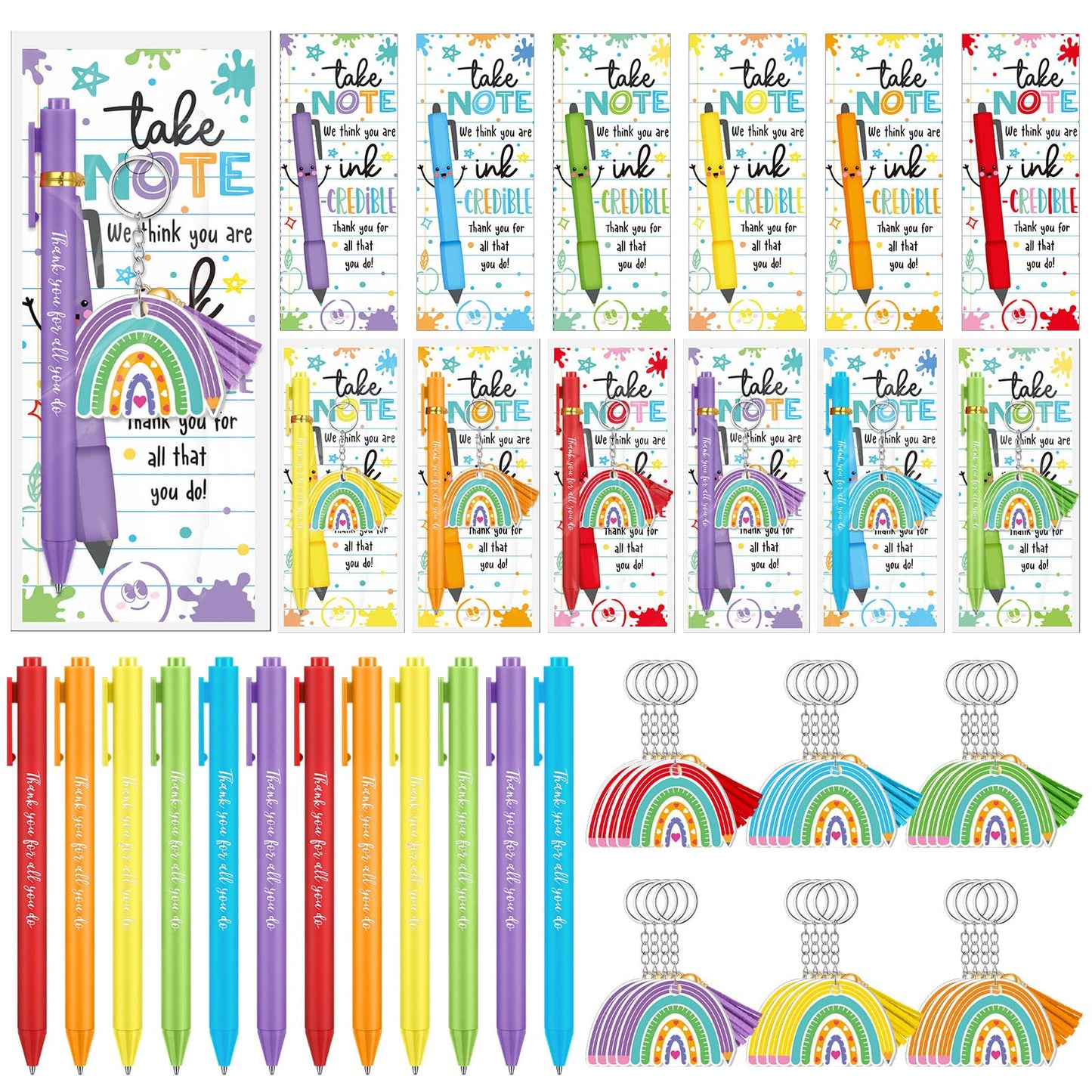 72 Pcs Teacher Appreciation Gifts Bulk End of the Year Teacher Gifts with Acrylic Rainbow Keychain Ballpoint Pen Thank You Cards for Teachers Office
