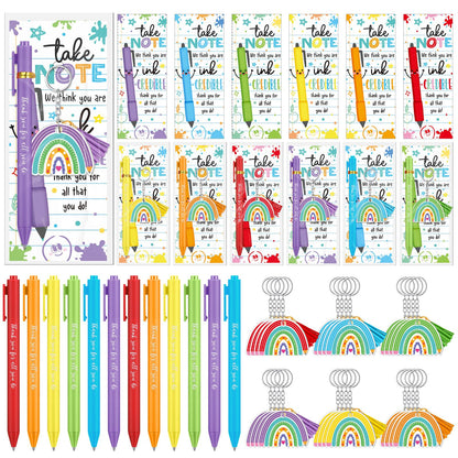 72 Pcs Teacher Appreciation Gifts Bulk End of the Year Teacher Gifts with Acrylic Rainbow Keychain Ballpoint Pen Thank You Cards for Teachers Office