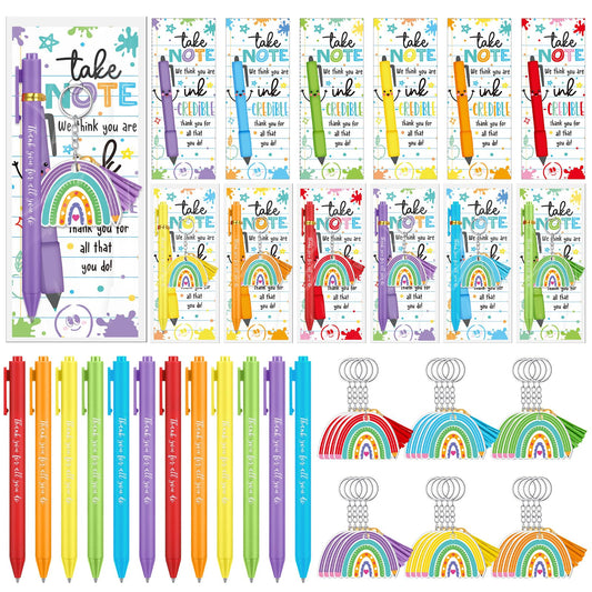 72 Pcs Teacher Appreciation Gifts Bulk End of the Year Teacher Gifts with Acrylic Rainbow Keychain Ballpoint Pen Thank You Cards for Teachers Office