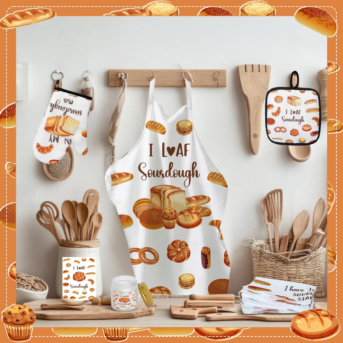 8 Pcs Mothers Day Sourdough Baking Gifts for Women Include Sourdough Bread Apron Towels Oven Mitt Pot Holder Aromatherapy Candle Socks Greeting Card for Bread Bakers Mom Sister Wife Aunt Lover