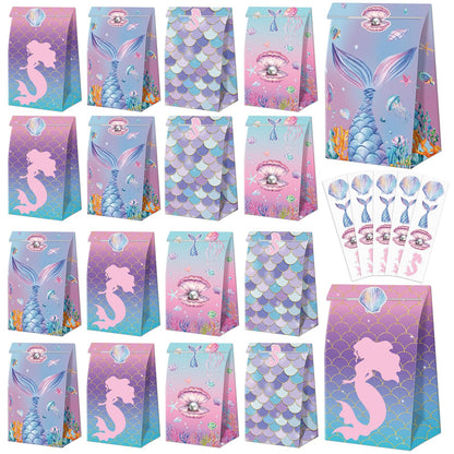 XJLANTTE 20 Pcs Mermaid Goodie Bags - Mermaid Party Favor Bags with Tail Stickers, Under The Sea Paper Gift Bags, Scale Party Bags for Kids Girls Under The Sea Themed Little Mermaid Party Decorations