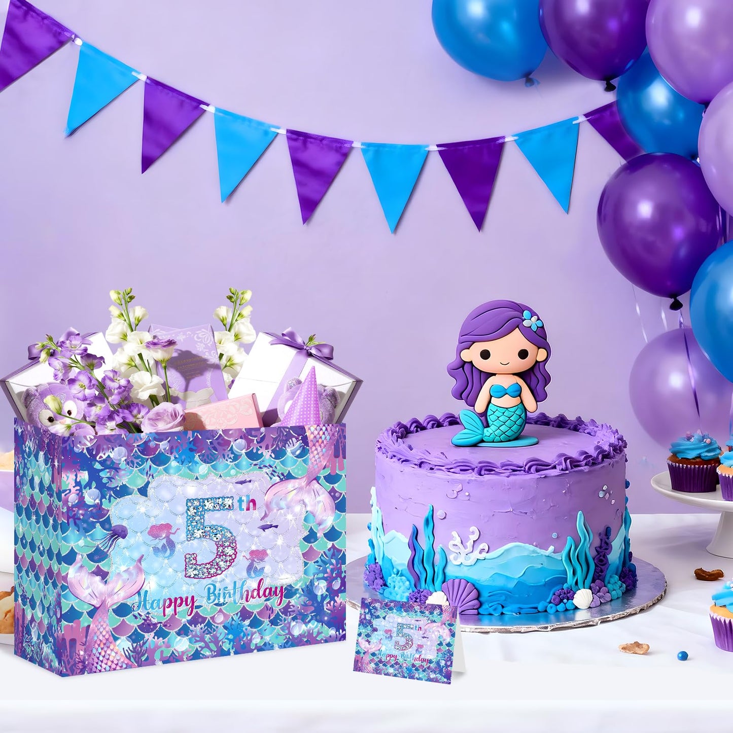 LUUFILx 5th Mermaid Birthday Gift Bag for Girls 5th Purple Mermaid Theme Birthday Wrapping Paper with Tissue Paper Greeting Card Purple Gift Bags with Ribbon Handle for Baby Shower Decor Supplies