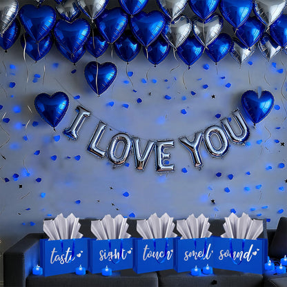 5 Senses Gift Bags Five Senses Gift Bags with Tissue Paper, Rose Petals, Balloons LED Tea Lights Party Decorations for Him Husband Boyfriend (Blue silver)