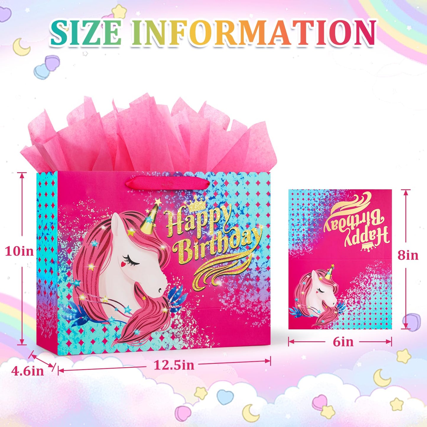 BeiLaad Unicorn Happy Birthday Gift Bag with Greeting Card and Tissue Paper, Birthday Gift Bags for Kids Girls Medium