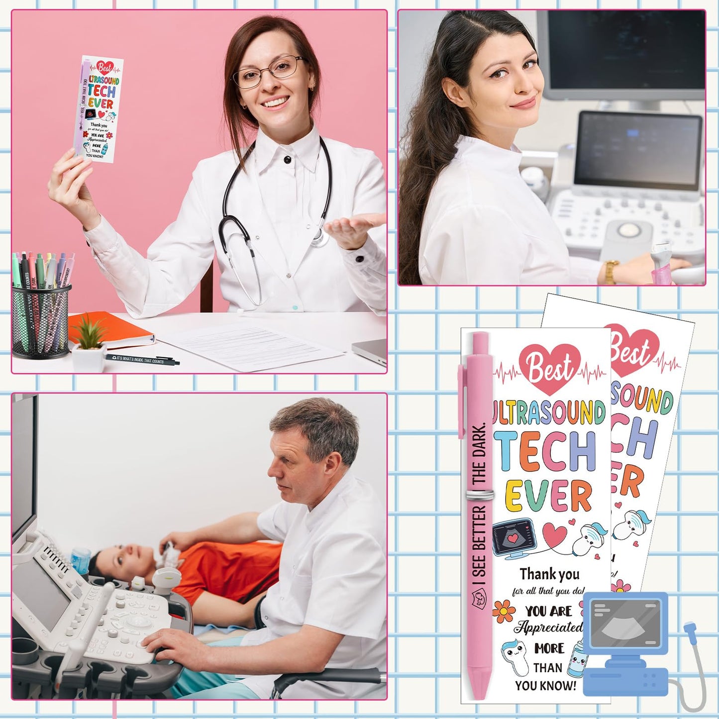Gueevin 36 Sets Sonographer Gifts Set 12 Designs Ultrasound Themed Pen with Matching Themed Thank You Cards for Ultrasound Tech Week Sonography Student Graduation Radiology Nurse Appreciation