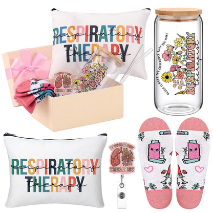 Skylety 5 Pcs Respiratory Therapist Gifts Set 16oz Glass Cup Socks Cosmetic Bag RT Badge Reel Thank You RT Appreciation Gift Box for Women Respiratory Therapist accessories Nurse Doctor Gift