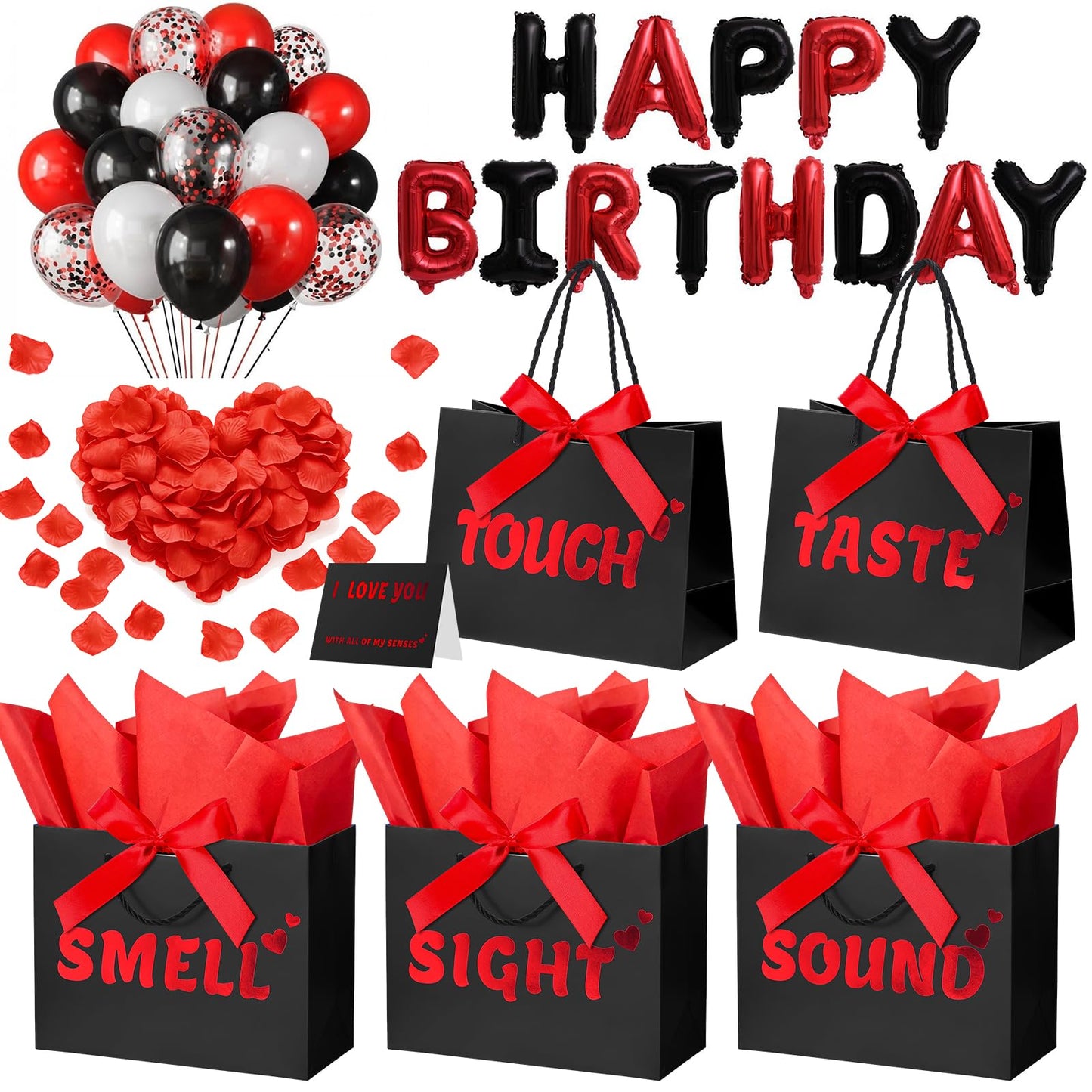 5 Senses Gift Bags for Him with Labels, 9"x4"x7" Gift Bag Tissue Paper Bow Ribbon Happy Birthday Decorations Kit with Banner, Balloons, Rose Petals, Card for Men, Women, Wedding, Valentine's Day