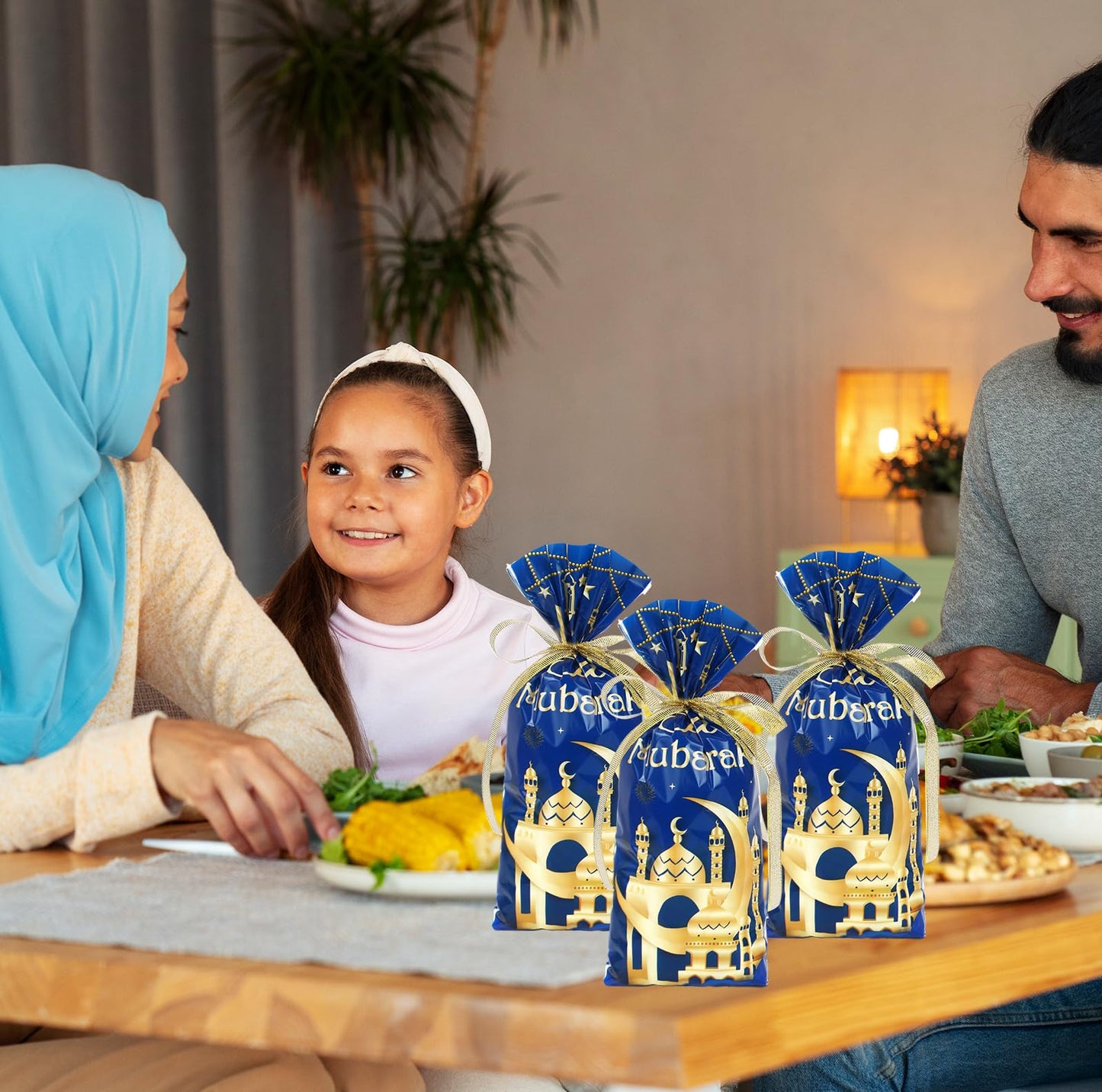 Whaline 100 Pcs Eid Mubarak Cellophane Bags with Ribbon Ramadan Plastic Treat Bags Blue Gold Candy Goodie Bags for Islamic Muslim Party Snack Cookie Packing Supplies
