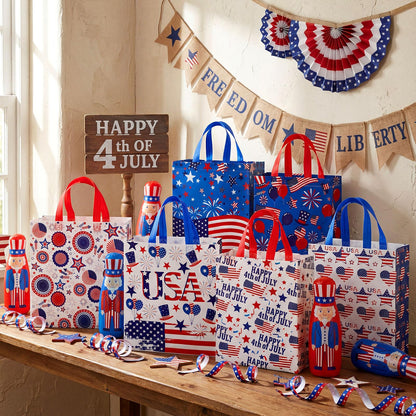 Wesnoy 48 Pcs 4th of July Patriotic Gift Bags Bulk with Handle Non Woven 250th Anniversary Goodie Bag Independence Day American Flag Memorial Day Tote Bag Holiday Party Favor, 11.4 x 10.6 x 4.7 Inch