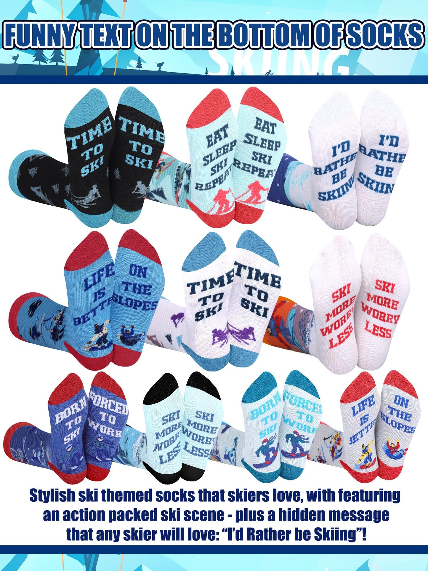 Maiteenly 10 Pairs Funny Ski Crew Socks for Women Adults - Novelty Snow Skiing Casual Socks Bulk Ski Accessories Gift for Women Men Skiers Snowboarding Lover