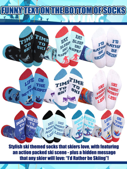 Maiteenly 10 Pairs Funny Ski Crew Socks for Women Adults - Novelty Snow Skiing Casual Socks Bulk Ski Accessories Gift for Women Men Skiers Snowboarding Lover