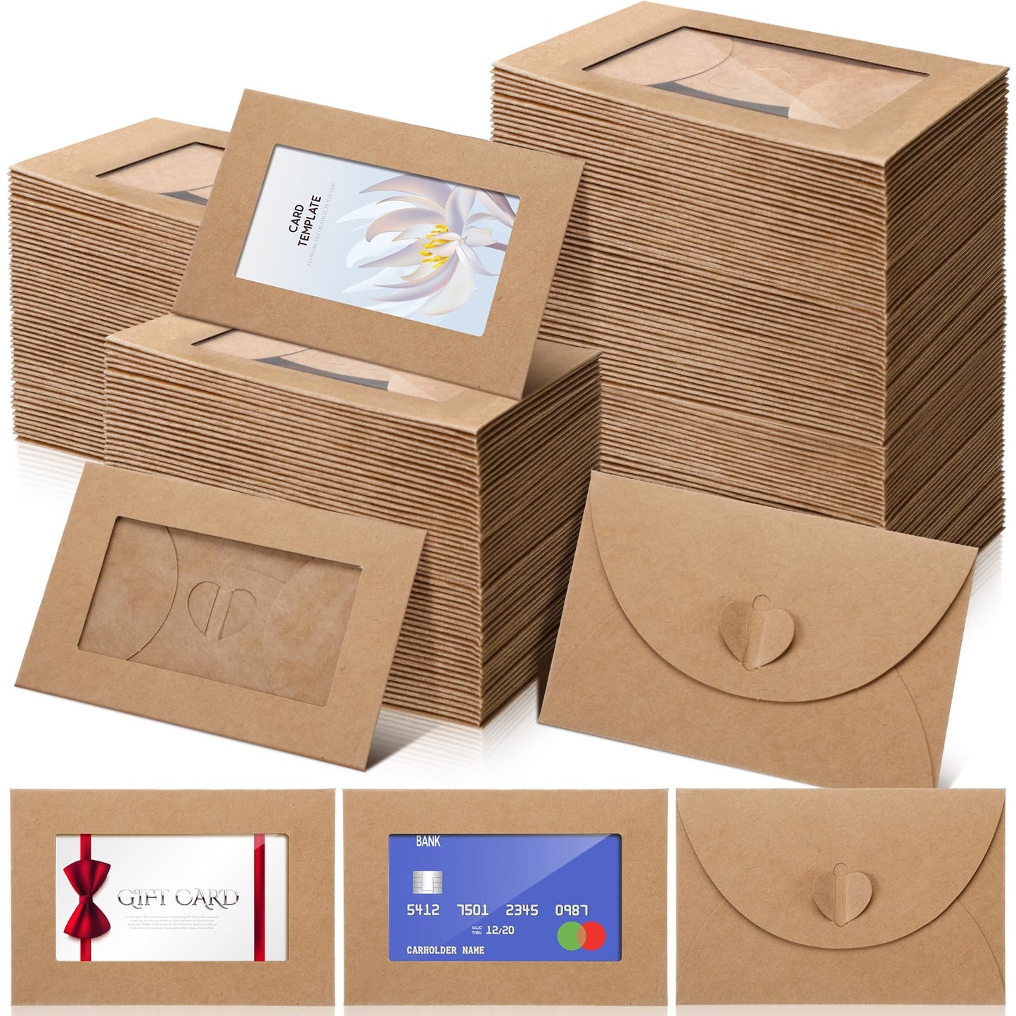 Uiifan 300 Pcs Window Gift Card Envelopes 4 x 2.8 Inch Gift Card Sleeves Mini Envelopes with Heart Shaped Clasp for Business Party Greeting Invitation(Brown)