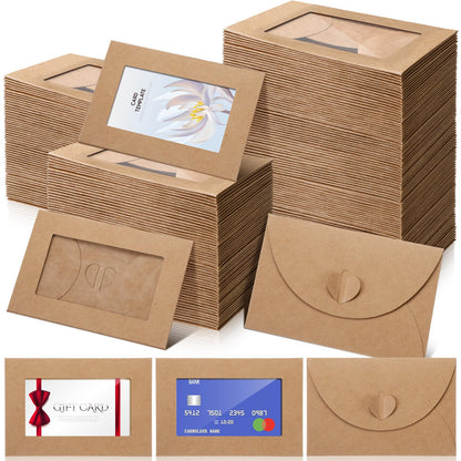 Uiifan 300 Pcs Window Gift Card Envelopes 4 x 2.8 Inch Gift Card Sleeves Mini Envelopes with Heart Shaped Clasp for Business Party Greeting Invitation(Brown)