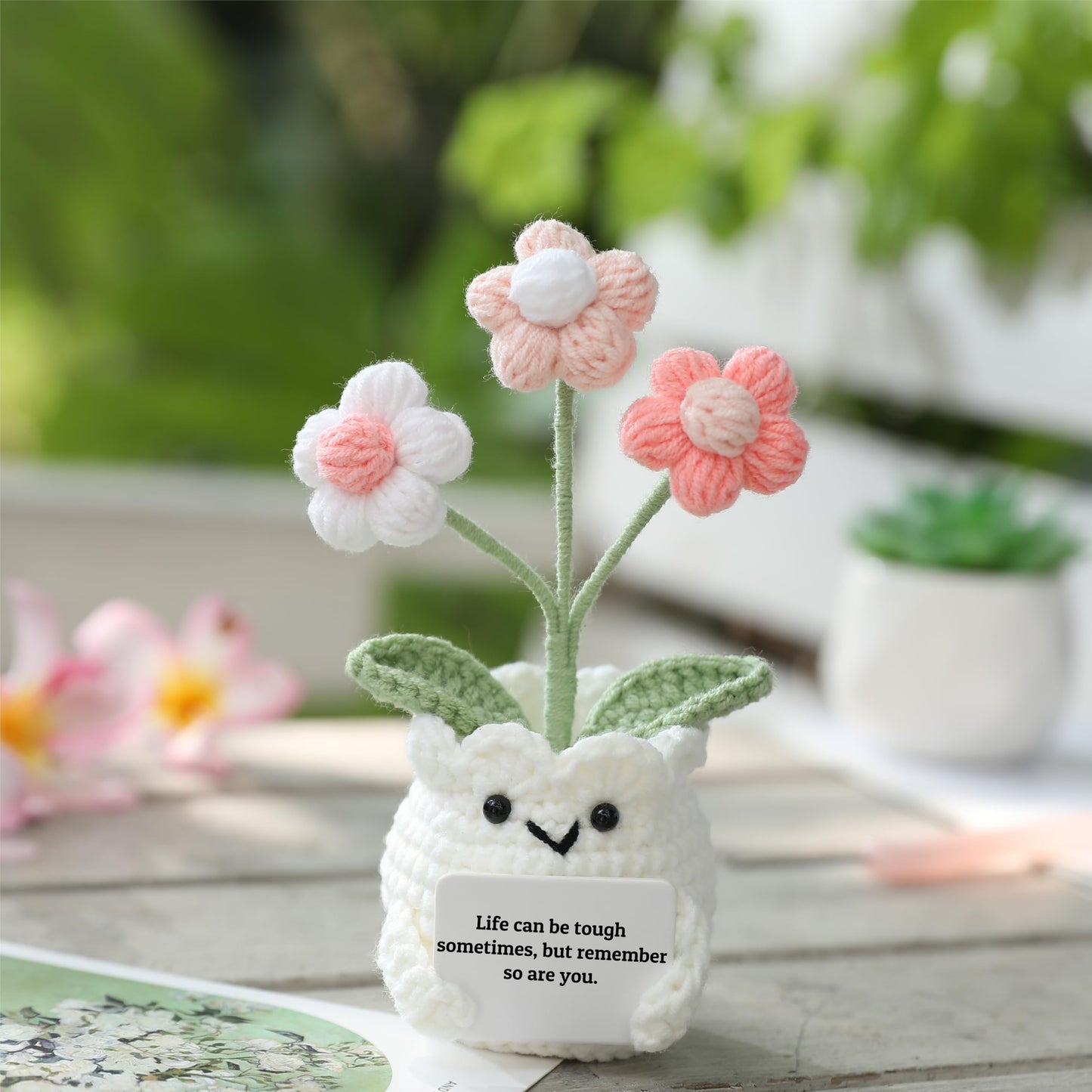 YOOJEE Mental Health Crochet Flower Pot, Positive Stress Relief Desk Decor with Card “Life Can Be Tough But So are You”, Handmade Emotional Support Gift
