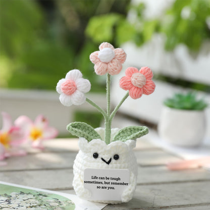 YOOJEE Mental Health Crochet Flower Pot, Positive Stress Relief Desk Decor with Card “Life Can Be Tough But So are You”, Handmade Emotional Support Gift