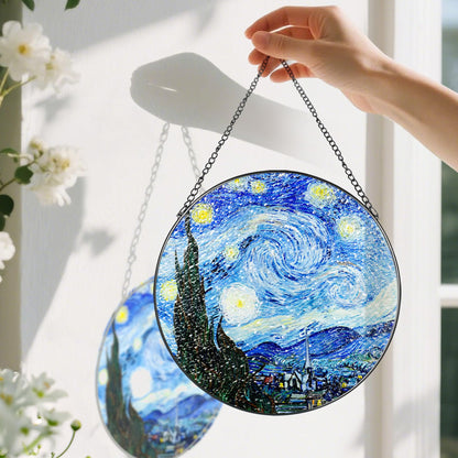Stained Glass Window Hanging, Pauyadu Van Gogh Starry Night Sun Catchers, Stained Glass Suncatcher, Starry Night Decor Gifts for Her, Women, Art Lover, Friend - 8 Inch