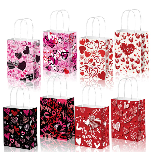 KIPETTO Valentines Gift Bags 12Pcs Valentines Day Paper Bags with Handles Love Heart Shaped Treat Goodies Bag for Valentines Day Party Favors Class Baggies Pouch