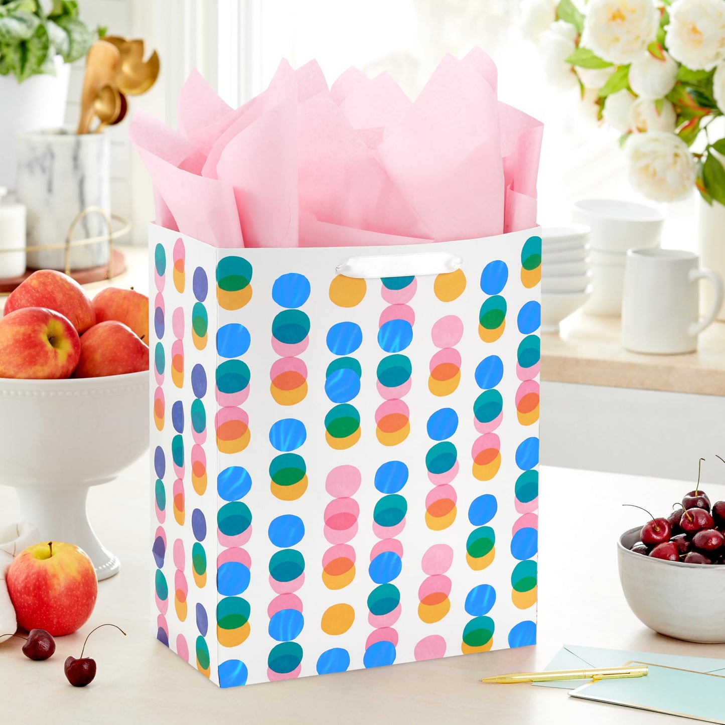 Hallmark 13" Large Gift Bag with Pink Tissue Paper (Pink, Yellow, Foil Blue Dots) for Valentine's Day, Birthdays, Mother's Day, Easter