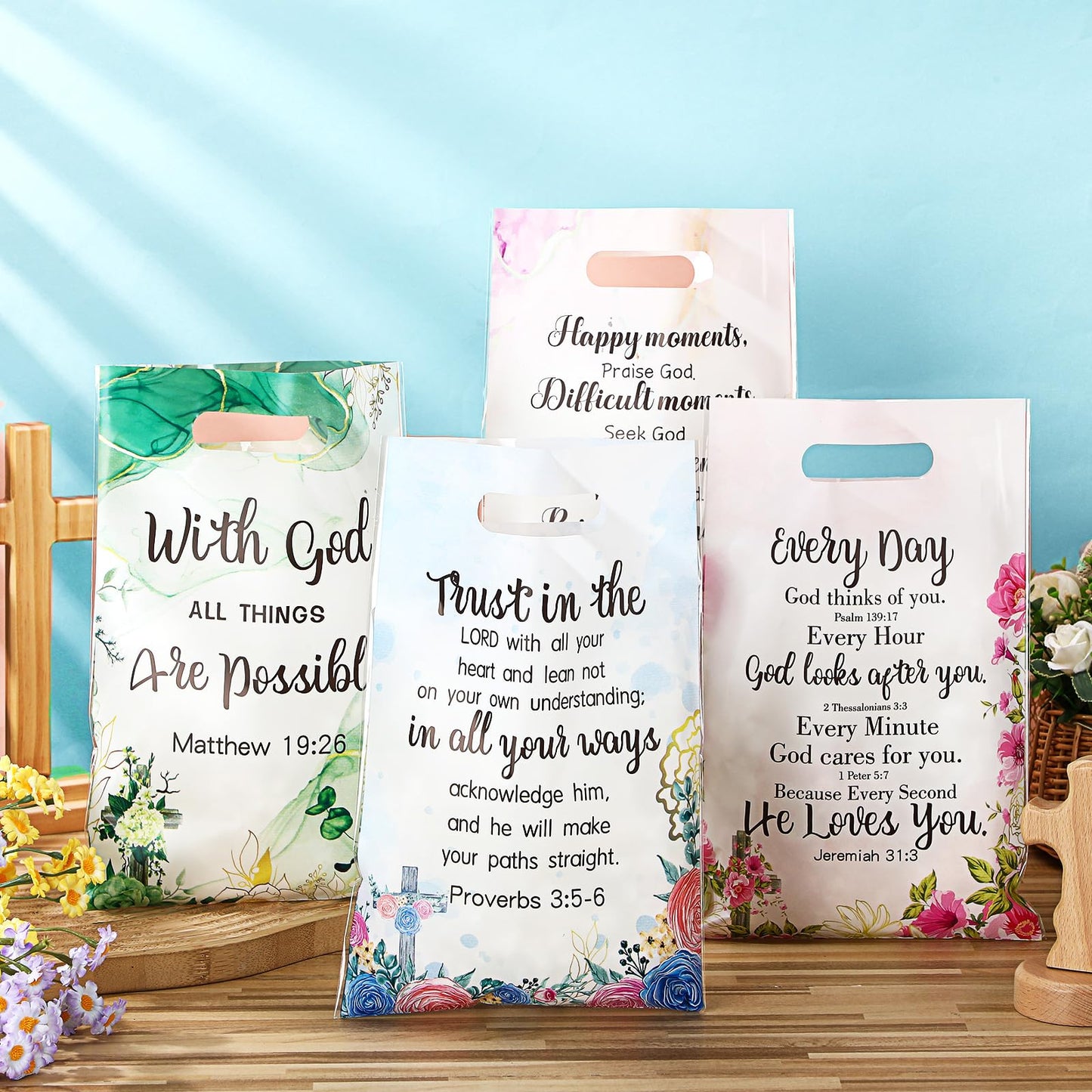 Yinder 60 Pcs Christian Gift Bags with Handles for Women Religious Plastic Bag with Bible Verse Bulk for Church Religious Christian Gifts Inspirational Flower Pouches for Women Party Favor Church