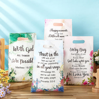 Yinder 60 Pcs Christian Gift Bags with Handles for Women Religious Plastic Bag with Bible Verse Bulk for Church Religious Christian Gifts Inspirational Flower Pouches for Women Party Favor Church