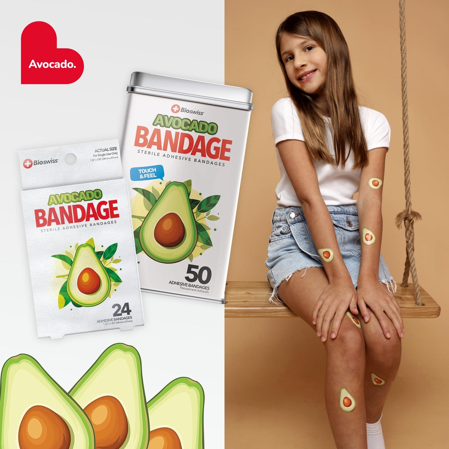 BioSwiss Bandages, Avocado Shaped Self Adhesive Bandage Set, Latex Free, Sterile Wound Care, 24 Count