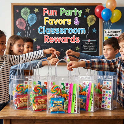 RJTLPNK 10-Pack Transparent PVC Gift Bags with Handles – Durable & Odorless Clear Plastic Bags for Wedding Favors, Birthday Parties & Corporate Events (7.87”L x 3.14”W x 7.87”H)