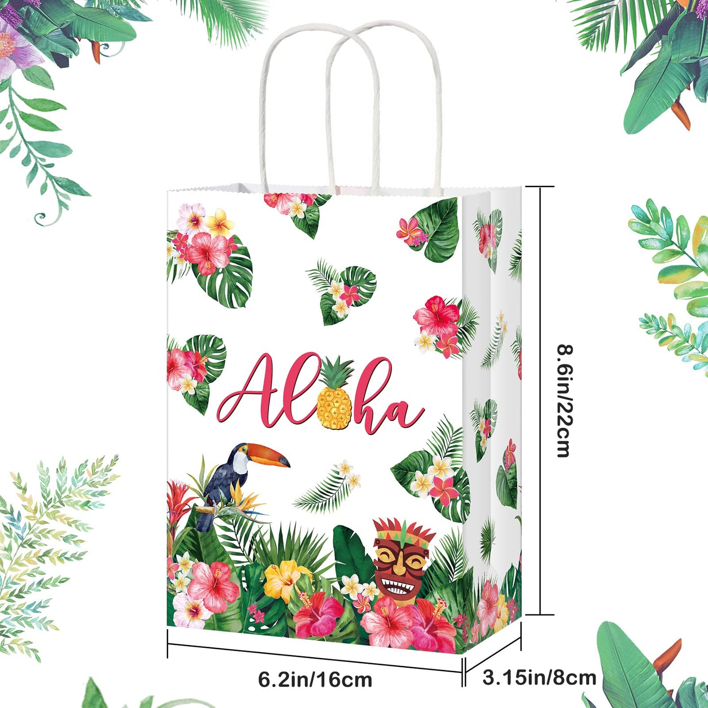 Pajean 16 Pack Hawaiian Gift Bag Luau Party Summer Tropical Palm Leaf Paper Bag with Handle for Candy Treat Summer Tropical Aloha Festival Hawaiian Luau Holiday Party Supplies Favor