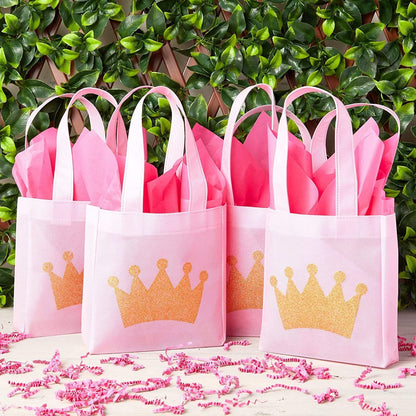 BLUE PANDA 24-Pack Princess Party Favor Bags - 6.5 x 7 x 2 in Pink Canvas Pouches - Reusable & Non-Woven Crown Treat Pouches - Bags for Princess Birthday Party Decorations