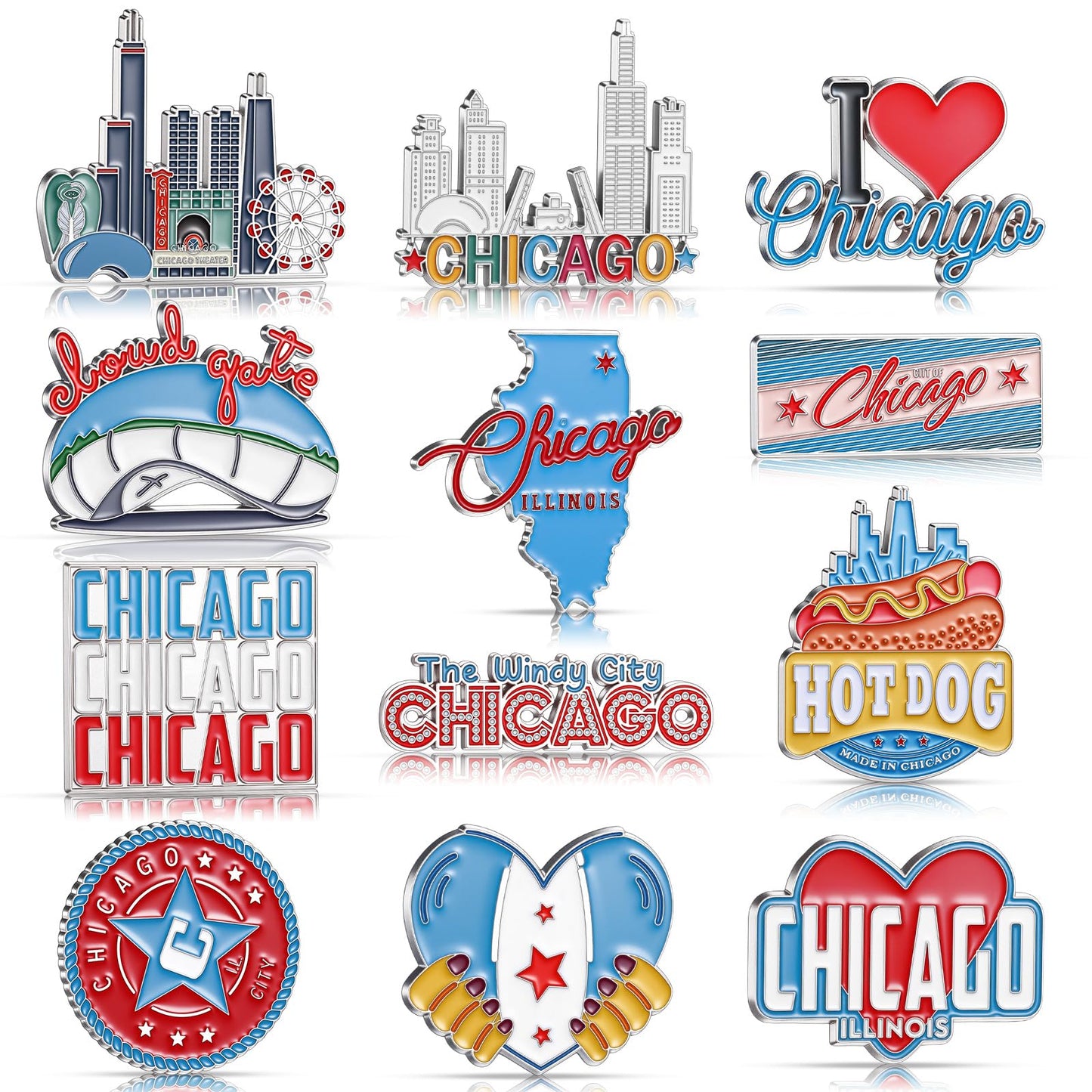 Konohan 12 Pcs Chicago Magnets for Refrigerator Metal USA Fridge Magnet Magnetic Chicago Souvenirs Gifts USA City Magnetic Refrigerator Stickers, Cloud Gate, Hot Dog
