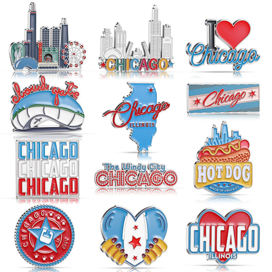 Konohan 12 Pcs Chicago Magnets for Refrigerator Metal USA Fridge Magnet Magnetic Chicago Souvenirs Gifts USA City Magnetic Refrigerator Stickers, Cloud Gate, Hot Dog