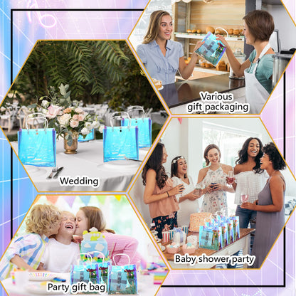 Sherr 25 Pcs Clear Holographic Small Gift Bag Iridescent Reusable PVC Plastic Gift Wrap Tote Bag for Shopping Wedding Birthday Baby Shower Party Favor, 7.87" x 7.87" x 3.15"