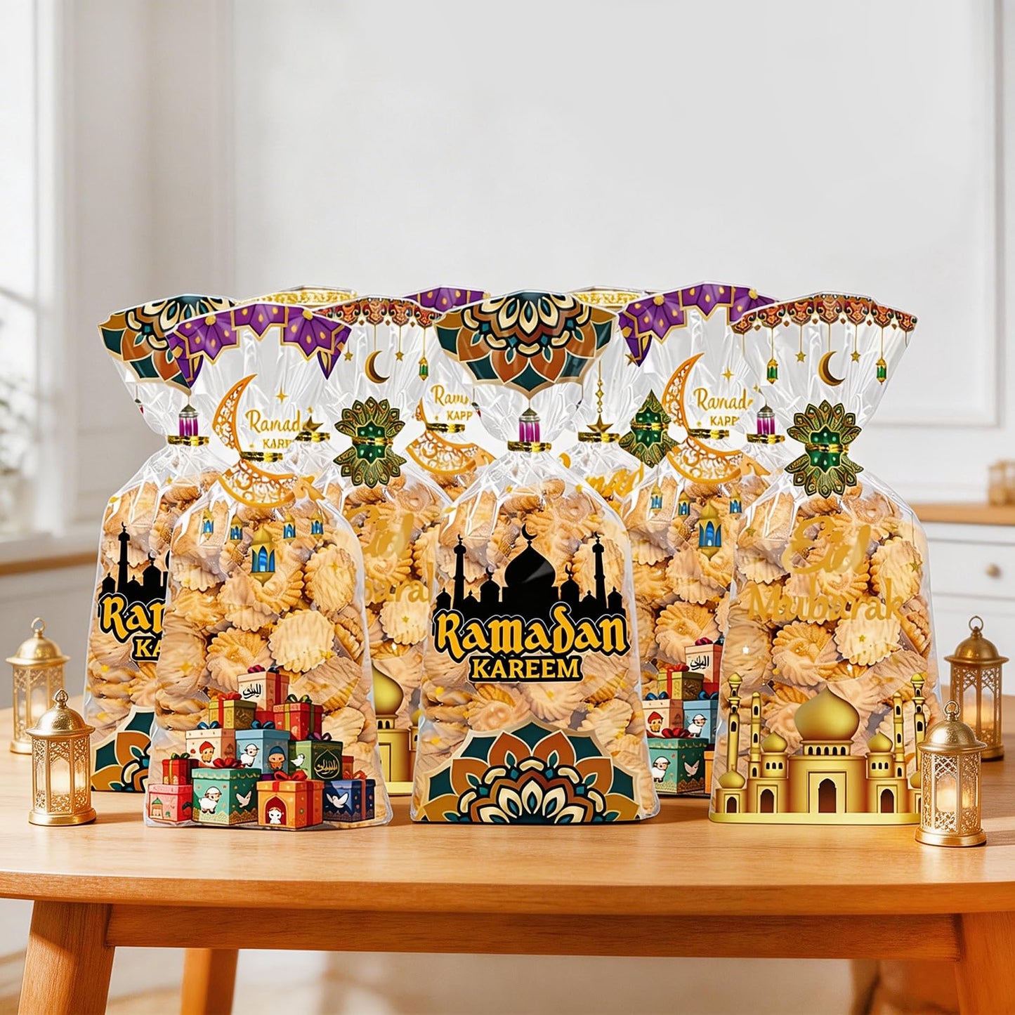 Totelux Eid Mubarak Cellophane Goodie Bags Clear Plastic Bag Ramadan kareem Treat Bags with Ties for Cookies Candy Gift Wrapping Muslim Eid Party Favor Supplies 50PCS
