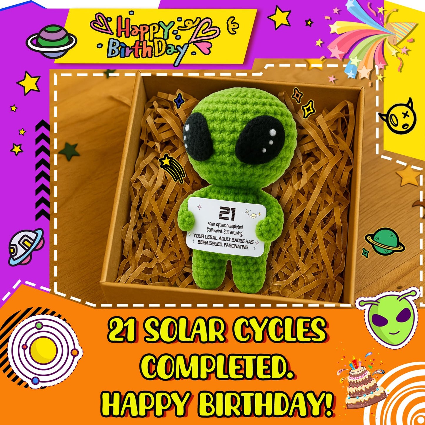21st Birthday Gifts – Handmade Crochet Alien Plush with Funny Legal Adult Birthday Message Card – Cute 21 Years Old Celebration Gift for Him or Her, Bday Milestone Keepsake