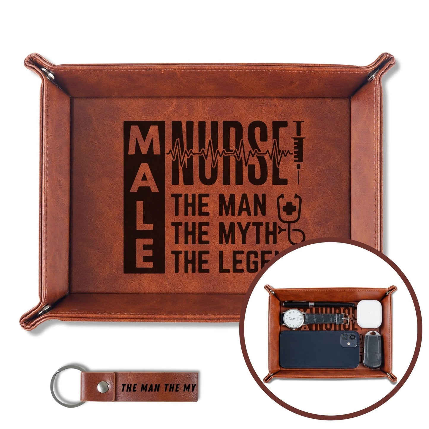 INNObeta Male Nurse Gifts Valet Tray for Men, Desktop Storage Organizer PU Leather Bedside Tray Key Coin Holder for Birthday - The Man The Myth The Legend