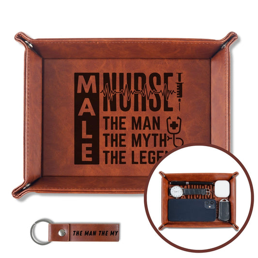 INNObeta Male Nurse Gifts Valet Tray for Men, Desktop Storage Organizer PU Leather Bedside Tray Key Coin Holder for Birthday - The Man The Myth The Legend