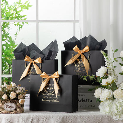 Kolldenn 12 Pcs Large Thank You Gift Bags with Handles Tissue Papers Bows 12.6 x 9.84 x 4.3 Inches Appreciation Bags for Teacher Volunteer Employee Coworker(Black)