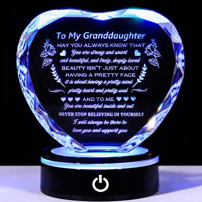 YWHL Granddaughter Gifts from Grandma Graduation Birthday Gifts for Granddaughter Heart Crystal to My Granddaughter Keepsakes Gift with Colorful Base on Wedding Back to School Valentine Christmas