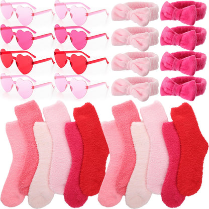 12 Sets Galentines Gifts Bulk for Girl Women Valentines Day Gifts Pink Heart Rimless Sunglasses Spa Bow Headband for Washing Fluffy Soft Socks Spa Sleepover Party Favor