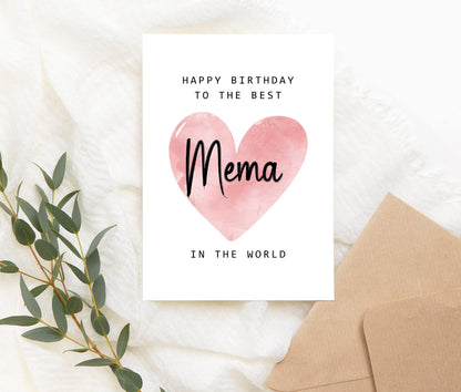 Happy Birthday Mema Card - Modern Pink & White Letter Print Love Birthday Card for Unisex-Adults