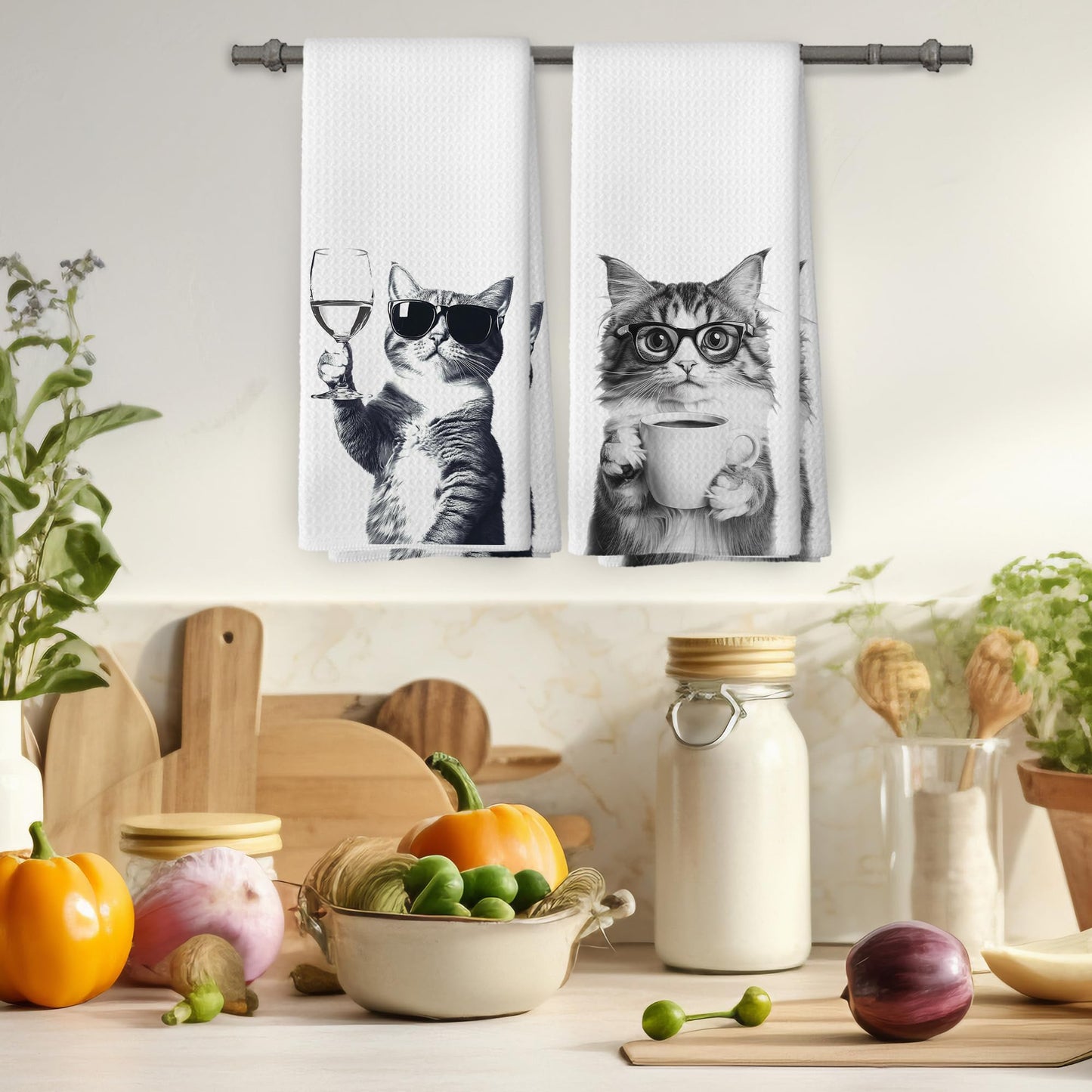 Funny Cat Kitchen Towels Set of 2, Funny Kitchen Decor, Coffee Station Wine Bar Decor, Black and White Cat Owner Gift Hand Towel, Dining Room Decorative Tea Towel Dish Towels 16x24 Inch