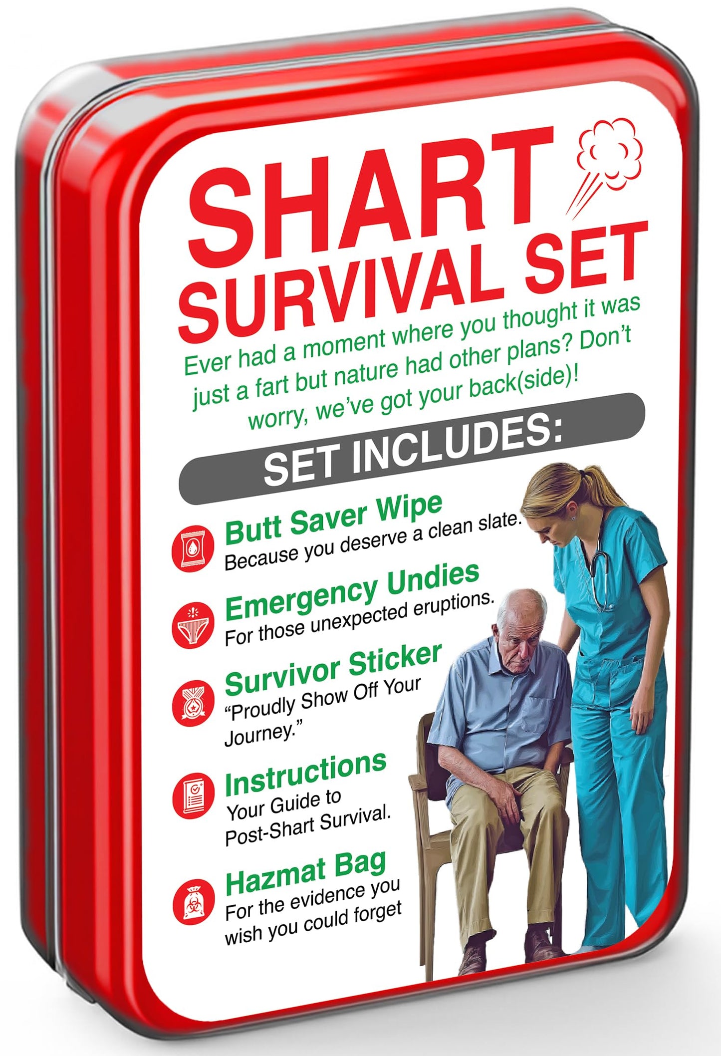 Shart Survival Set - Funny Gag Gift 2026 Friend Gifts Includes Disposable Underwear, Hazmat Bag, Wet Wipe and More! Unique Stocking Suffers for Men Birthday Husband Teens Potty Humor Prank Him Fart