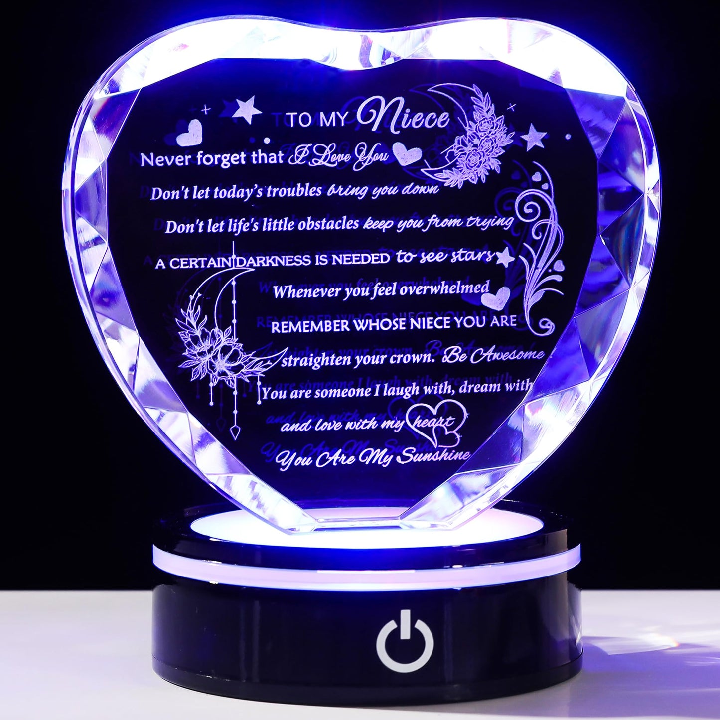 YWHL Niece Gifts from Auntie Uncle Heart Crystal Inspirational Graduation Gift for Niece with Colorful LED Base Unique Niece Gifts from Aunt on Birthday Christmas Valentine Day