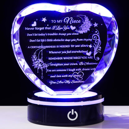 YWHL Niece Gifts from Auntie Uncle Heart Crystal Inspirational Graduation Gift for Niece with Colorful LED Base Unique Niece Gifts from Aunt on Birthday Christmas Valentine Day